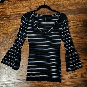 White House Black Market Black and White Striped V-Neck Blouse